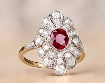 Sale - July Birth Stone Ring. 1.52 Carat Oval Cut Ruby and Diamond Halo Engagement Ring. Platinum on 18K Yellow Gold Ring.