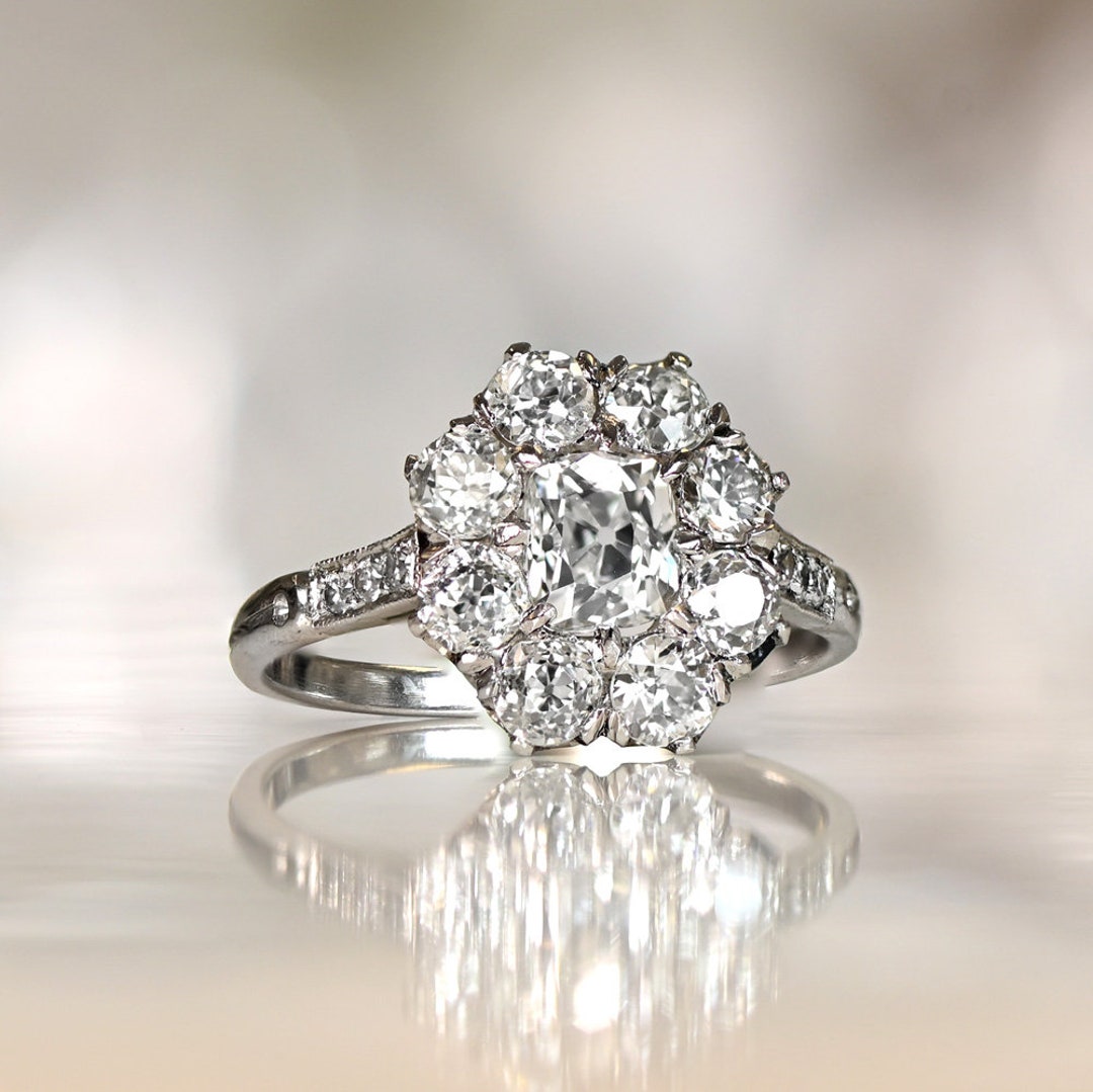 Sale 0.65ct Elongated Antique Cushion Cut Diamond Engagement Ring. Cluster Old European Cut
