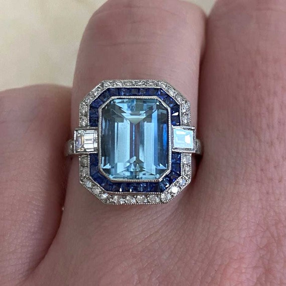 2.78ct Emerald Cut Aquamarine and Sapphire Ring w… - image 6