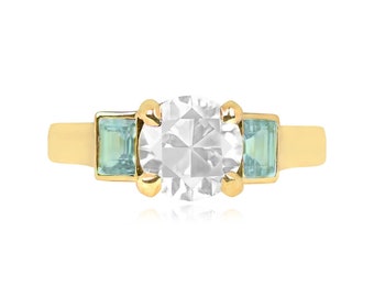 1.54ct GIA-Certified Old European Cut Diamond and Aquamarine Ring. Handcrafted in 18K Yellow Gold Ring.