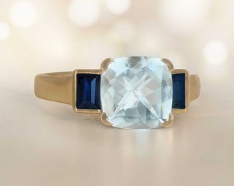 2ct Natural Aquamarine Cushion Cut Gemstone. Sapphire Accents. 18k Yellow Gold Ring.