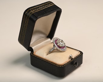 Antique Art Deco. 2center-ct Old European Cut Diamond Ring. Halo French Cut Ruby and Diamond Ring, Circa 1925. Handcrafted Platinum Ring.