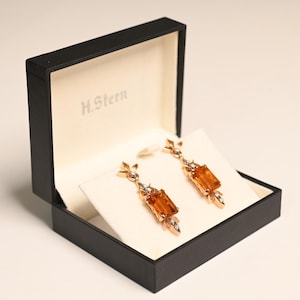 Vintage Retro. 8.45center-ct Emerald Cut Citrine Earring. Round Cut Diamond Accent, Circa 1940. Handcrafted in 18K Yellow Gold Earrings.