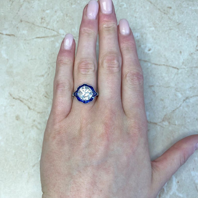 3.01 Carat Old European Cut Diamond and French Cut Sapphire Halo Ring image 6