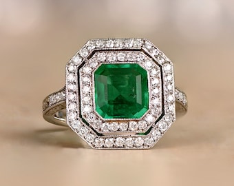 1.52ct Ascher Cut Emerald. Double Halo Engagement Ring. Handcrafted Platinum Ring.