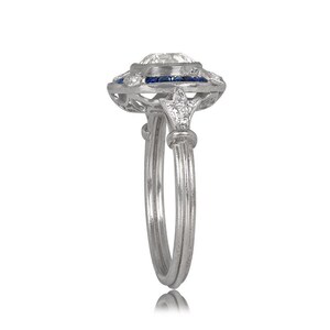 1.31ct Art Deco Style Old European Cut Diamond Engagement Ring with Halo Sapphire Accent. Platinum Ring. image 3