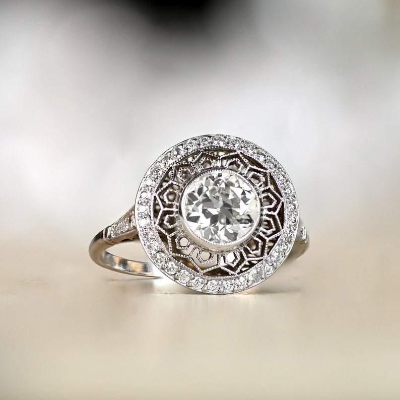 1.12 Carat Old European Cut Diamond Engagement Ring Center Stone Surrounded by Open-Work and Diamond Halo image 1