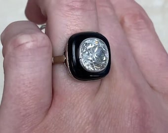 Antique Art Deco 4center-ct  Antique Cushion Cut Diamond Ring. Set in a Buffed Onyx Ring, Circa 1925. Handcrafted 18K on White Gold Ring.