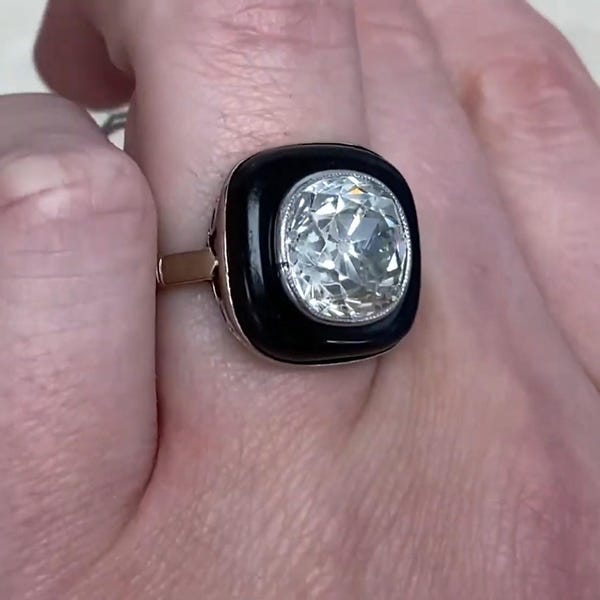 Antique Art Deco 4center-ct  Antique Cushion Cut Diamond Ring. Set in a Buffed Onyx Ring, Circa 1925. Handcrafted 18K on White Gold Ring.
