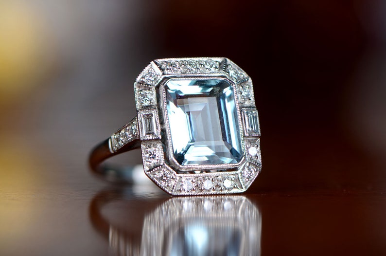 Aquamarine Diamond Halo and Platinum Engagement Ring image 0