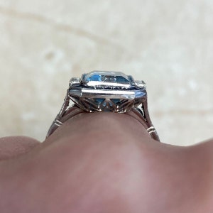 Emerald-Cut Aquamarine and Diamond Ring with Halo Sapphire Accent. Platinum Ring. image 8