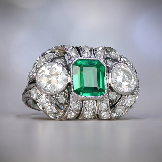 1ct Emerald Cut. Antique Edwardian Emerald and Di… - image 1