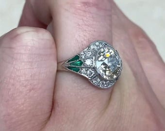 Art Deco. 2center-ct Old European Cut Diamond Engagement Ring. Halo Old Cut Diamond Ring. Kite-Shaped Emerald Ring. Made in Platinum Ring