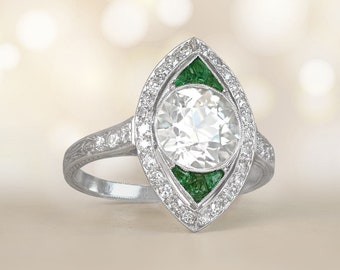Antique Art Deco. 2.25ct Old European Diamond and Emerald Ring, Circa 1925. Handcrafted Platinum Ring.