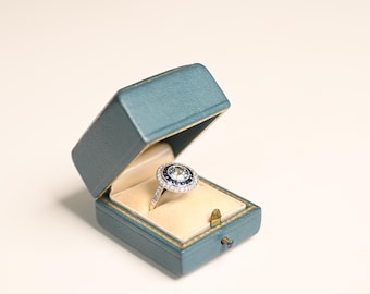1center-ct Round Cut Aquamarine Double Calibre French Cut Sapphire Ring. March Birthstone Ring. Handcrafted Platinum Ring. Birthstone Ring.