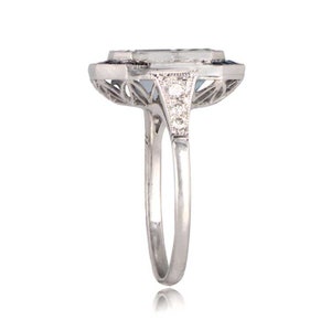 Emerald-Cut Aquamarine and Diamond Ring with Halo Sapphire Accent. Platinum Ring. image 3