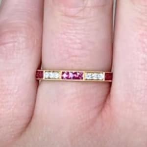 0.33center-ct Half-Eternity French Cut Ruby Wedding Band. Channel Set with Round Brilliant Cut Diamond Accent. Handcrafted 18K Yellow Gold.