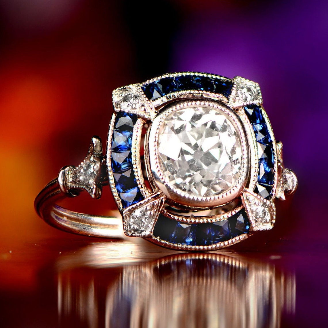 Antique Cushion Cut Diamond and Sapphire Halo Platinum Etsy
