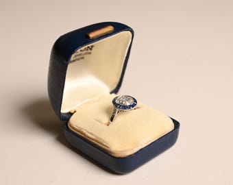 1.56center-ct Rose Cut Diamond Engagement Ring Center Stone Bezel Set. Halo French Cut Natural Sapphires Accent. Handcrafted Platinum Ring.