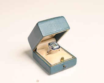 3.40center-ct Aquamarine Sapphire and Diamond Ring. Natural Emerald Cut with Halo of Sapphire Calibre Diamond Ring. Made in Platinum Ring.