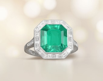 Sale - Emerald Ring. 4.55ct Columbian Emerald and Diamond Ring. 18K Yellow Gold Platinum Ring.