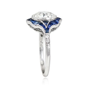 3.01 Carat Old European Cut Diamond and French Cut Sapphire Halo Ring image 3