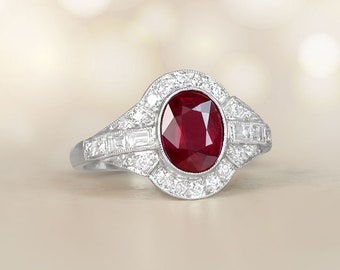 Sale - 1.65ct Oval Cut Ruby Ring with Halo Diamond Accent. Handcrafted Platinum Ring.