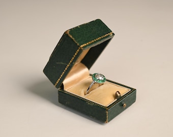Antique GIA-Certified 1center-ct Old European Cut Diamond Ring. Bezel-Set and Halo of Calibre Emerald, Circa 1920. Handcrafted Platinum Ring