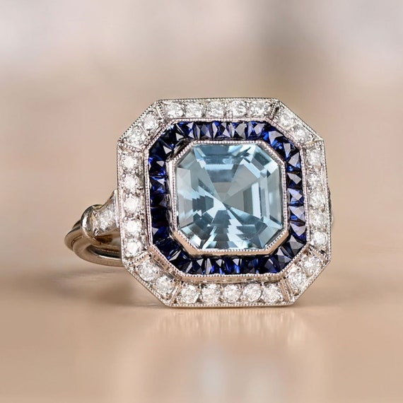 1.97ct Asscher Cut Aquamarine and Diamond Ring With Halo Sapphire