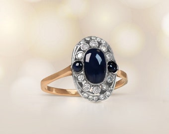 Antique Victorian 1.15ct Cabochon Cut Sapphire Ring with a Halo Diamond Accent, Circa 1880. Handcrafted  Silver on 14K Yellow Gold Ring.