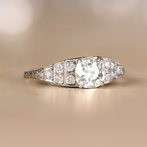Sale - 0.83ct Old European Cut Diamond Engagement Ring. Centered Diamond Ring. Handcrafted in Platinum Ring with J color and SI1 Clarity.