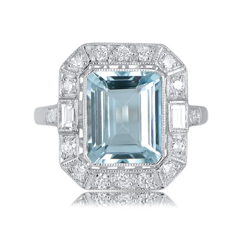 Aquamarine Diamond Halo and Platinum Engagement Ring image 1