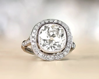 5.02 Carat Estate Diamond Halo Engagement Ring - Antique Cushion Cut Diamond Surrounded by Antique Diamonds