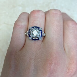 1.31ct Art Deco Style Old European Cut Diamond Engagement Ring with Halo Sapphire Accent. Platinum Ring. image 6