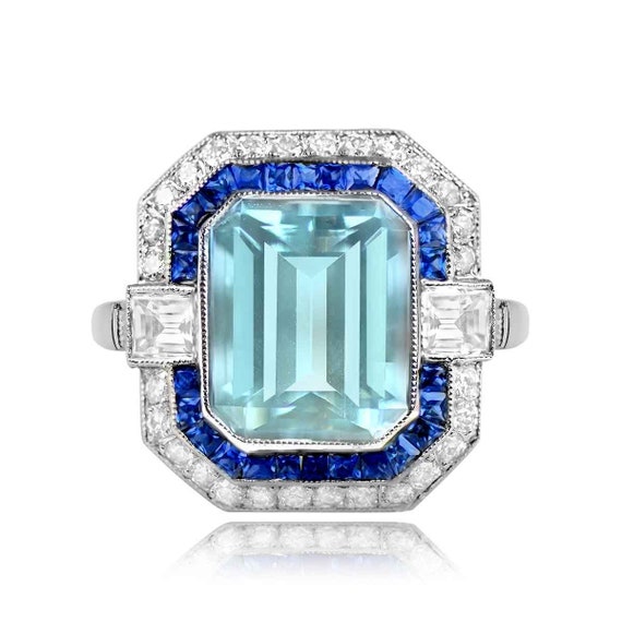 2.78ct Emerald Cut Aquamarine and Sapphire Ring w… - image 2