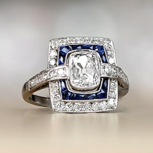 GIA-Certified 1.22 Carat Antique Cushion Cut Diamond Engagement Ring - Sapphire and Diamond Double Halo Ring