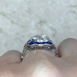 3.01 Carat Old European Cut Diamond and French Cut Sapphire Halo Ring image 8