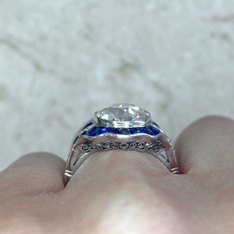 3.01 Carat Old European Cut Diamond and French Cut Sapphire Halo Ring image 8