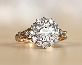 GIA-Certified 0.94 Carat Old European Cut Center Stone - Diamond Cluster Engagement Ring - Platinum on 18k Yellow Gold