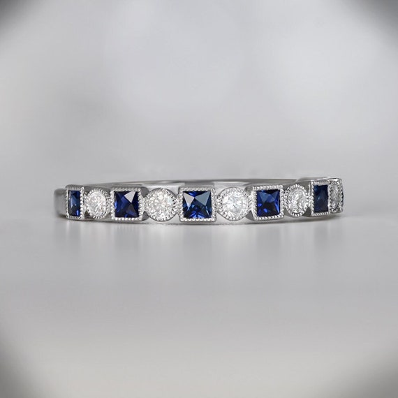 Half Eternity Diamond and Sapphire Wedding Band. … - image 1