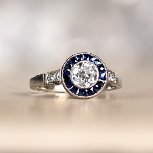 0.55ct Old European Cut Diamond Engagement Ring with Sapphire Halo Accent. Handcrafted Platinum Ring.