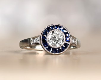 0.55ct Old European Cut Diamond Engagement Ring with Sapphire Halo Accent. Handcrafted Platinum Ring.