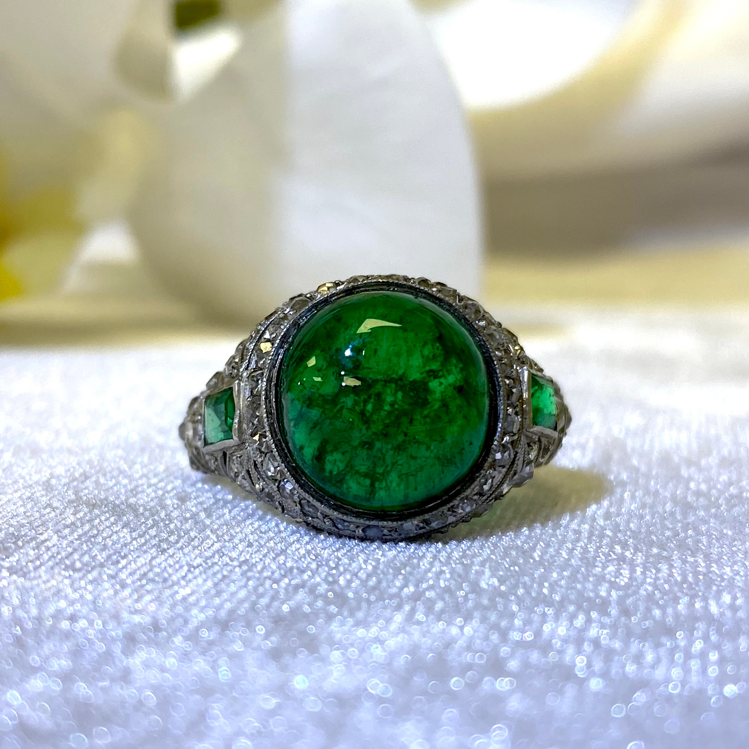 Antique Art Deco 5.46ct Cabochon Cut Emerald and Diamond Ring Circa 1920. Handcrafted Platinum Ring