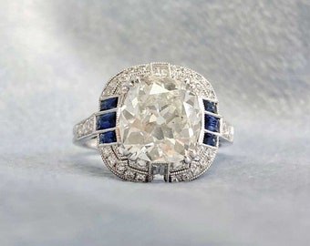 3.33ct Antique Cushion Cut Diamond Ring with a Halo Sapphire Accent. Handcrafted Platinum Ring.