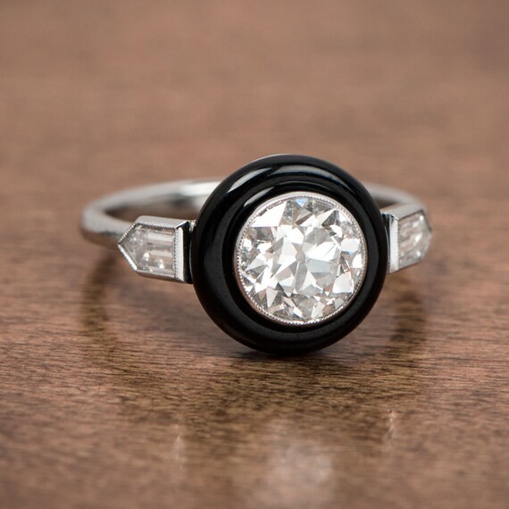 Art Deco Style Onyx And Diamond Engagement Ring Etsy