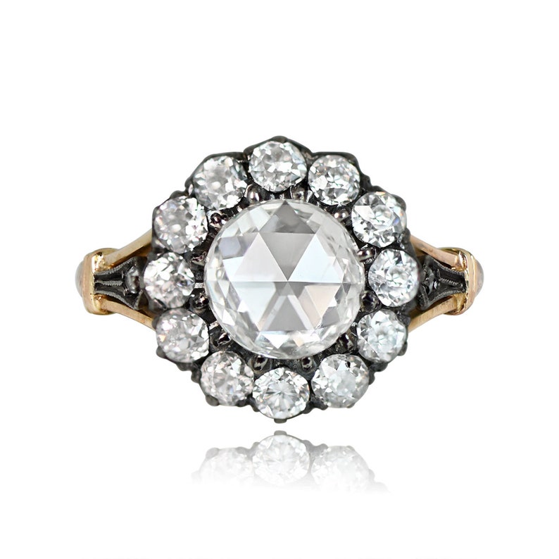 Victorian Style 1.26 Carat Rose Cut Diamond Halo Floral Engagement Ring Total Diamond Weight Approx. 1.98 Carats image 2
