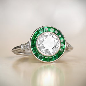 1.16 Carat Old European Cut Diamond - Natural Calibre-Cut Emerald Gemstone Halo - Platinum Hand-Crafted Ring