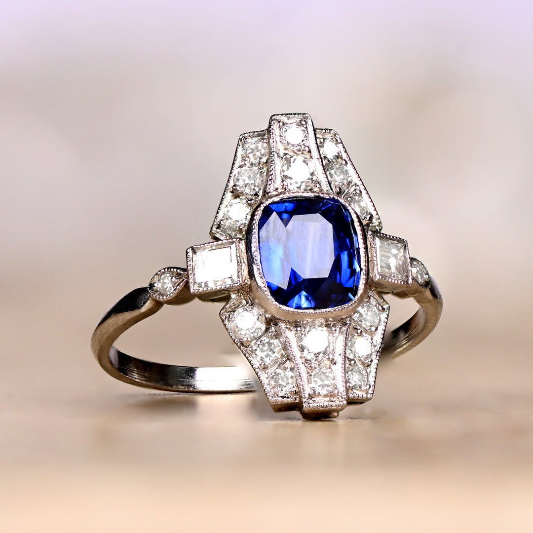 Art-deco Style 1.20ct Elongated Cushion Cut Ring. Sapphire and - Etsy