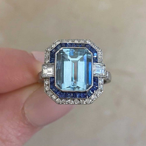 2.78ct Emerald Cut Aquamarine and Sapphire Ring w… - image 1
