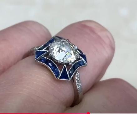 1.62center-ct Art Deco Style Old European Cut Diamond Engagement Ring with Halo Sapphire Accent. Handcrafted Platinum Ring.